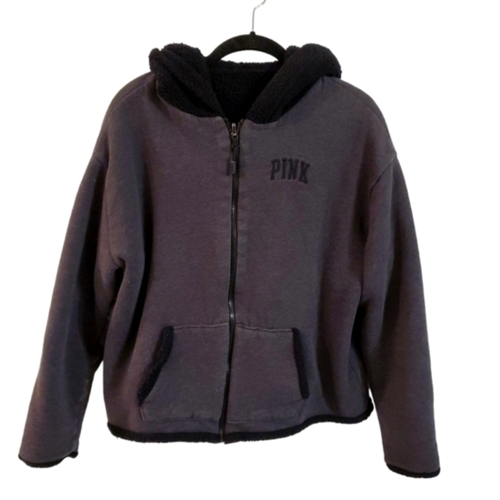 PINK Victoria's Secret Gray Black Reversible Zip Up Teddy Hoodie Jacket Small